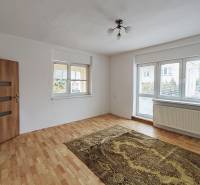 Szoba egy családi házban, fa mintázatú padlóval, szőnyeggel és nagy ablakkal.