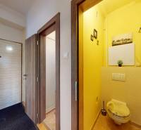 Előszoba és WC egy kétszobás lakásban, fa dekor padlóval.