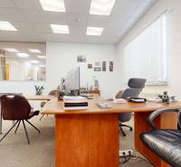 Iroda bútorokkal és dekorációkkal, fa mintázatú padlóval, ideális üzleti helyiség.