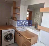 Fürdőszoba egy kétszobás lakásban mosógéppel, mosdóval és káddal, fa dekorációval felszerelve.