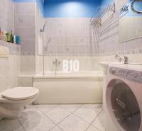 Fürdőszoba egy kétszobás lakásban zuhanyzóval, mosdóval és mosógéppel.