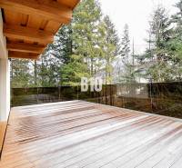 Terchován található egy faház terasszal és fa dekorációjú padlóval, erdővel körülvéve.