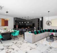 Tágas nappali a villában étkezővel, kanapéval és modern konyhával.