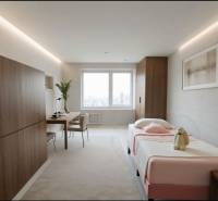 Hálószoba egy háromszobás lakásban ággyal, íróasztallal és fa dekorációjú padlóval.