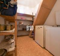 Spájz a családi házban polcokkal, konzervdobozokkal és egy régebbi hűtőszekrénnyel.