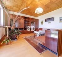 Nappali egy családi házban, fa mintázatú padlóval és fa mennyezettel.