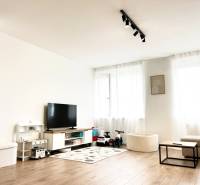 Nappali egy kétszobás lakásban, TV-vel, játékokkal és fa dekorációjú padlóval.