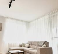 Világos szoba egy kétszobás lakásban kanapéval és fa dekor padlóval.