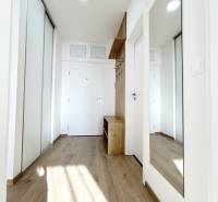 Előszoba tükörrel és fa dekorációjú padlóval egy kétszobás lakásban.