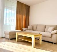 Nappali a kétszobás lakásban kanapéval, asztallal és fa dekorációjú padlóval.