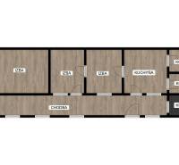 A családi ház alaprajza három szobát, egy konyhát és egy fürdőszobát mutat kamrával.