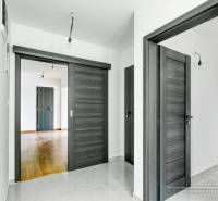 Családi ház belső tere sötét ajtókkal és fa dekorációjú padlóval.