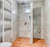 Zuhanykabin családi házban, fa mintázatú padlóval és világos csempékkel.