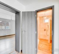 Családi ház belső tere ajtókkal, fürdőszobával és fa dekorációjú padlóval.