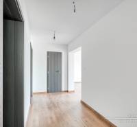 Folyosó egy családi házban, fa dekor padlóval és antracit színű ajtókkal.