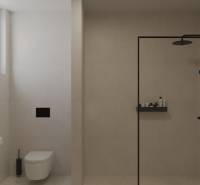 Fürdőszoba egy kétszobás lakásban WC-vel, zuhanyzóval és semleges csempékkel.