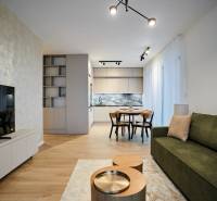 2 szobás lakás belső tere sötétzöld kanapéval, konyhával és fa mintázatú padlóval.