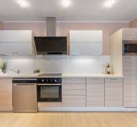 Konyha családi házban konyhabútorral, beépített készülékekkel és fa dekoros padlóval.