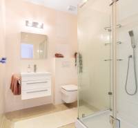 Fürdőszoba családi házban mosdóval, zuhanyzóval és WC-vel.