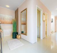 Világos előszoba egy családi házban tükörrel, képpel és dekoratív növényekkel.