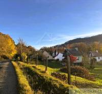 Őszi Sološnicán lévő házak, amelyeket erdők vesznek körül, és napsütötte út.