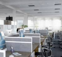 Irodák számítógépekkel és székekkel, fa dekorációjú padló és munkaterület.