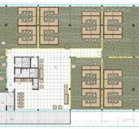 Irodák alaprajza munkahelyek elrendezésével és pihenőzónával.