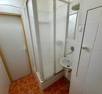 Fürdőszoba zuhanyzóval és fehér csempével egy egyszobás lakásban.