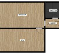 1 szobás lakás alaprajza konyhával, fürdőszobával és fa dekor padlóval.