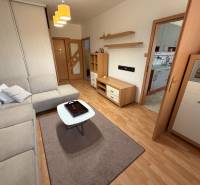 Nappali egy háromszobás lakásban kanapéval és fa dekorációjú padlóval.