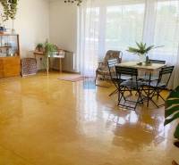 Tágas, világos nappali, fa mintás padló, bútorok és növények egy családi házban.