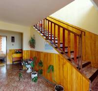 Folyosó faburkolattal, lépcsővel és szobanövényekkel egy családi házban.