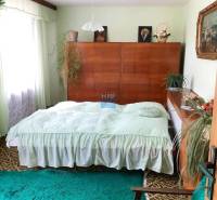 Hálószoba családi házban, fa bútorokkal, zöld szőnyeggel és növényekkel.