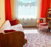 Szoba egy családi házban virágos szőnyeggel, kanapéval és polcokkal.