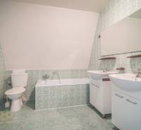 Fürdőszoba káddal, két mosdóval és zöld csempékkel a szállodákban és panziókban.