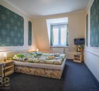 Kétszemélyes ággyal, szőnyegpadlóval, televízióval, székkel és dekorációkkal ellátott szoba szállodákban és panziókban.