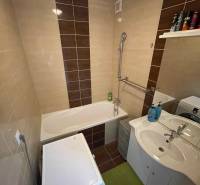 Fürdőszoba egy egyszobás lakásban káddal, mosógéppel és mosdóval, polccal kiegészítve.