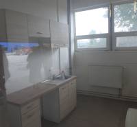 Konyhai rész szekrényekkel, mosogatóval és fa dekorációjú padlóval raktárak és csarnokok környezetében.