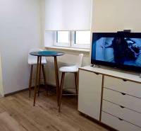 1 szobás lakás belső tere televízióval, bárasztallal és fa dekorációjú padlóval.