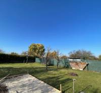 Kert a kunyhó mellett az Új telepen Komáromban, gyep és tűzrakóhely.