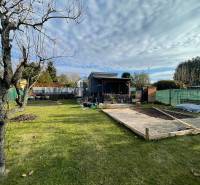 Kert a háznál az Új telepen Komáromban, fával és gyepfelülettel.