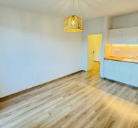 Konyha egy egyszobás lakásban fehér szekrényekkel és fa mintázatú padlóval.