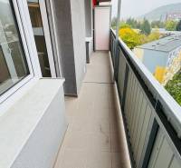 Erkély az egyszobás lakásnál a Malá okružná utcában, Partizánskéban, kilátással a fákra.