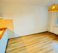 Konyha egy egyszobás lakásban fa dekor padlóval és kilátással az ablakból.