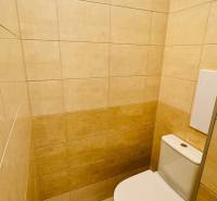 Bézs csempés WC egy egyszobás lakásban.