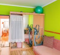 Egy feltűnő zöld fal és egy tükrös szekrény a kétszobás lakásban. A háttérben egy szobabicikli.