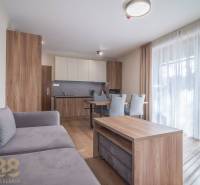 Nappali egy kétszobás lakásban, fa dekorációjú bútorokkal és padlóval.