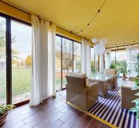 Családi ház télikertje fonott bútorokkal és kilátással a kertre.