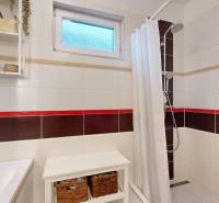 Fürdőszoba családi házban ablakkal, zuhanyzóval és polcokkal apróságok számára.