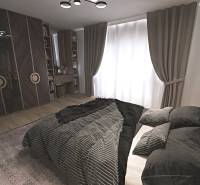 Hálószoba családi házban sötét bútorokkal, fa dekoros padlóval és függönyökkel.